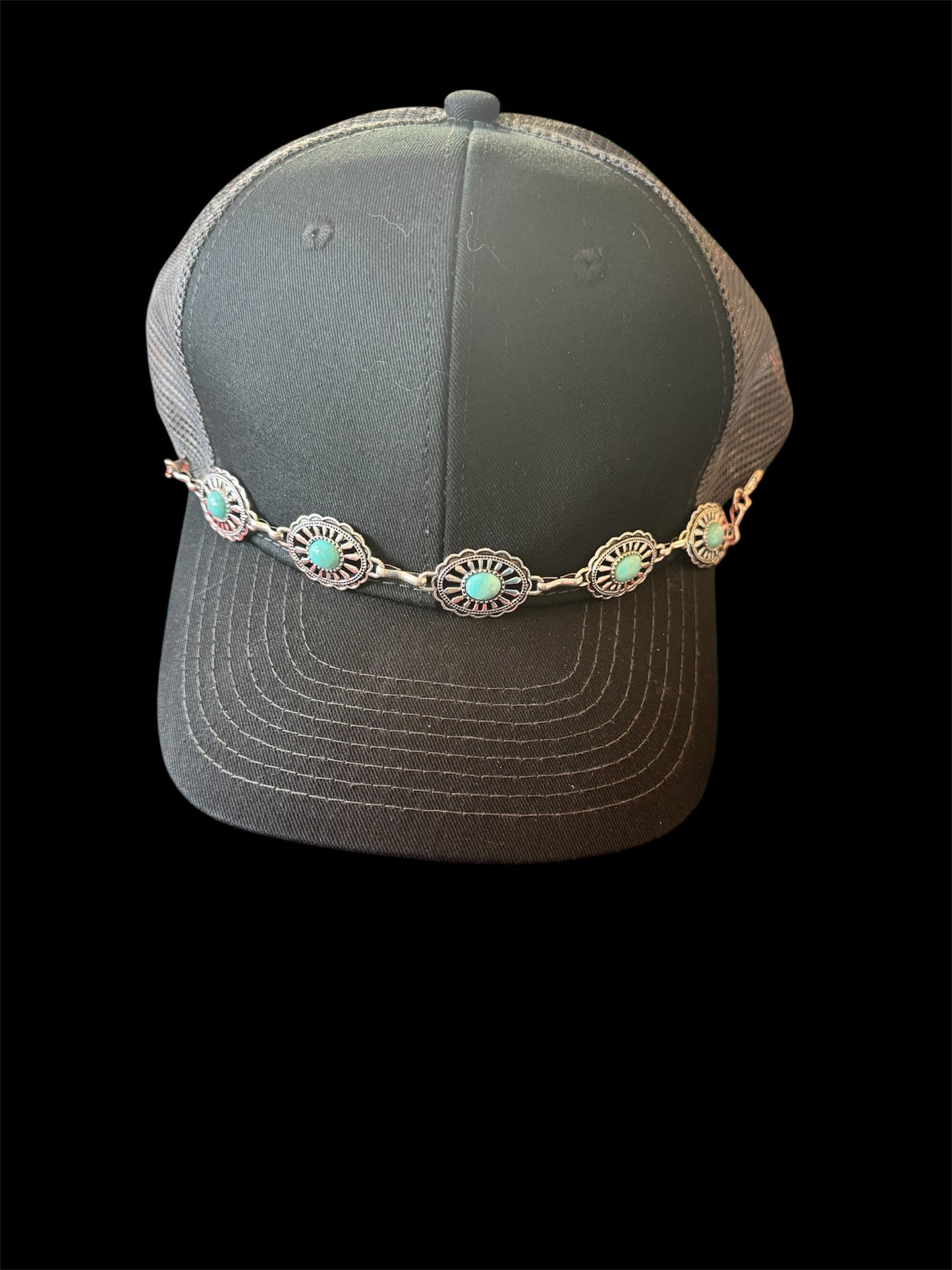 Trucker hat with turquoise concho chain