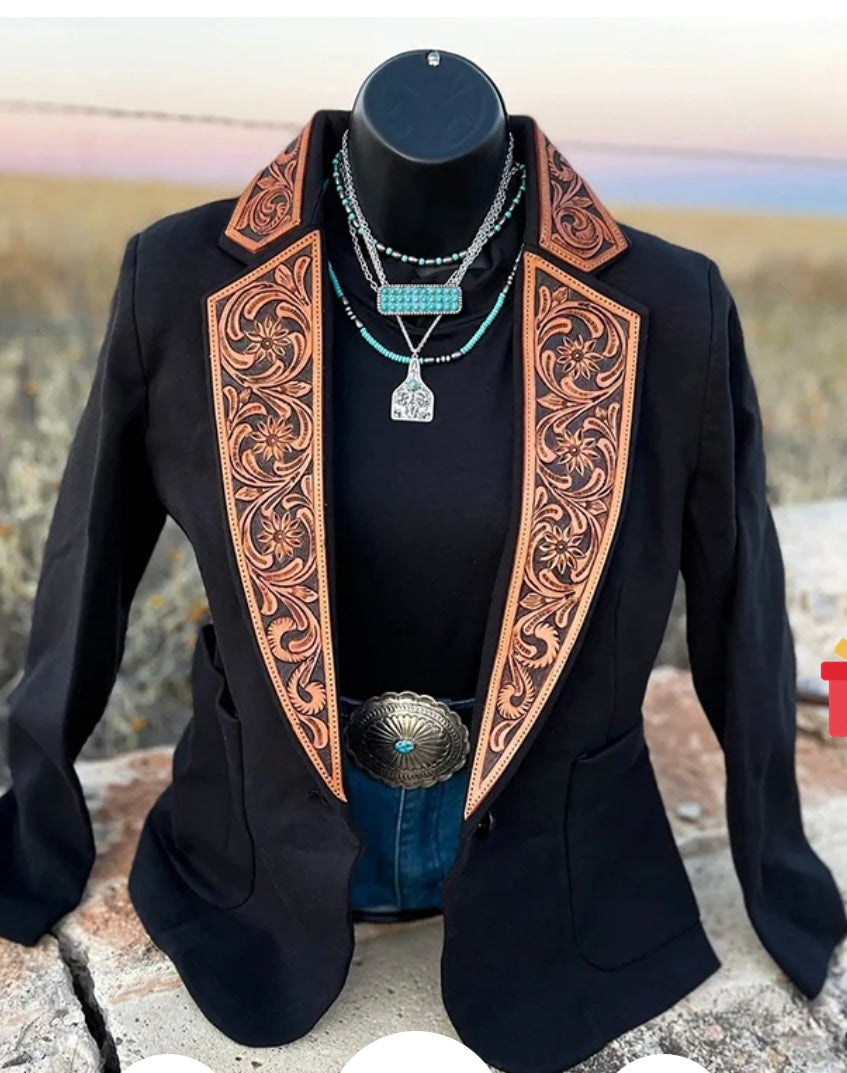 Black Blazer With Leather Lapel